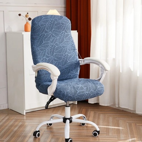 Żakardowy pokrowiec na fotel gamingowy komputerowy biurowy - krzesło obrotowe -  liście - FADED DENIM.jpeg