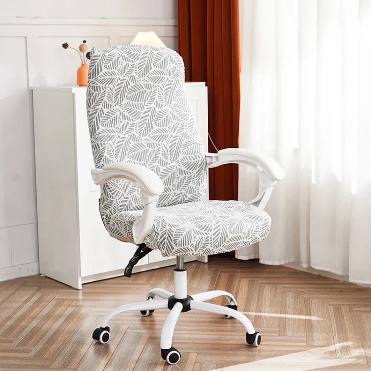 Żakardowy pokrowiec na fotel gamingowy komputerowy biurowy - krzesło obrotowe -  liście - CASCADING WHITE.jpeg