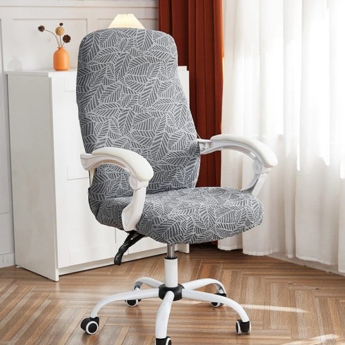 Żakardowy pokrowiec na fotel gamingowy komputerowy biurowy - krzesło obrotowe -  liście - QUIET GREY.jpeg