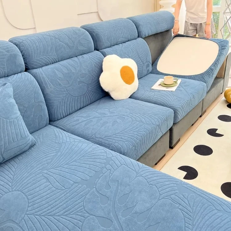 Żakardowy pokrowiec na siedzisko narożnika - monstera - LICHEN BLUE.jpeg