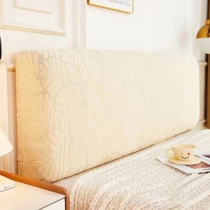 Żakardowy pokrowiec na zagłówek - oparcie łóżka - LIŚCIE I - BEŻOWY