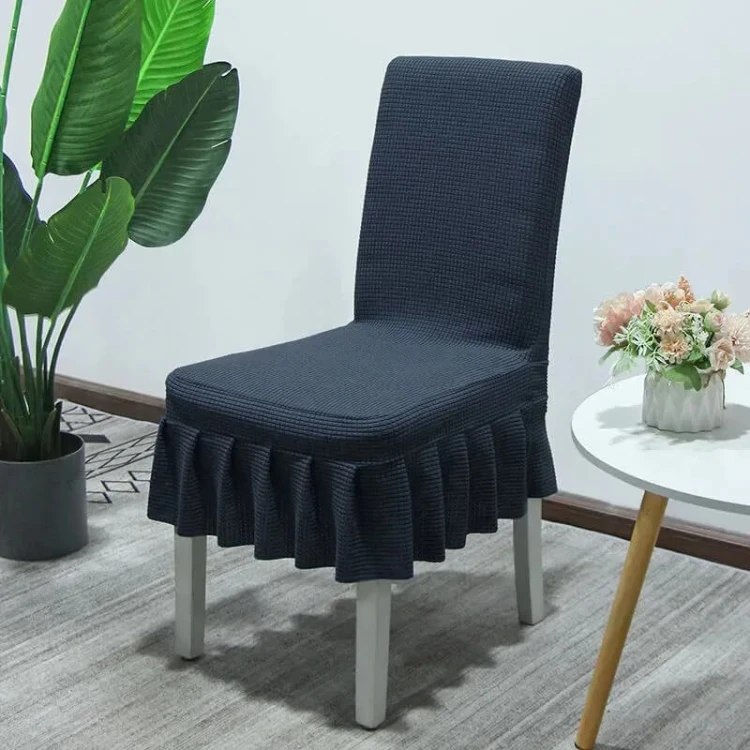Żakardowy pokrowiec na krzesło z falbaną - kratka - Navy Blue.jpg