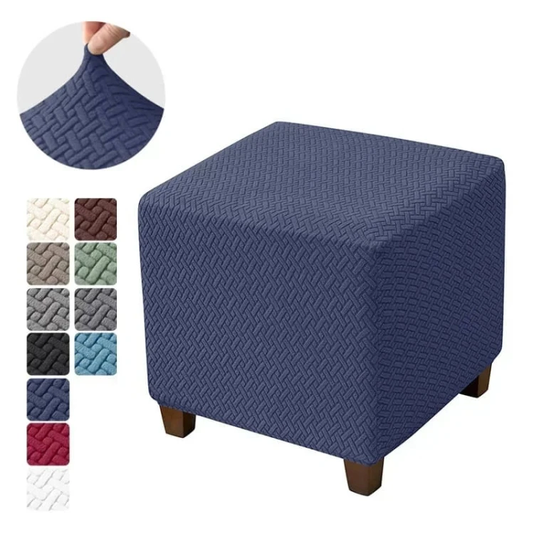 Żakardowy pokrowiec na pufę - podnóżek kwadratowy - chevron - Navy Blue.jpeg