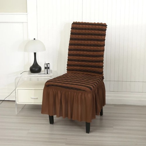 Żakardowy pokrowiec na krzesło z falbaną - bubble - Brązowo-Czarny.jpeg