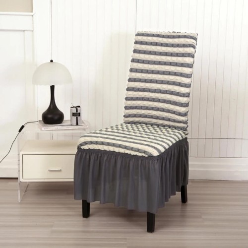 Żakardowy pokrowiec na krzesło z falbaną - bubble - Szaro-Biały.jpeg