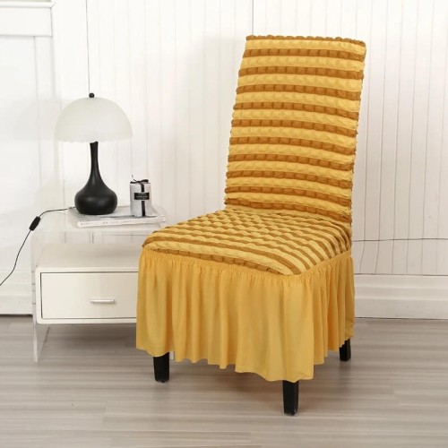 Żakardowy pokrowiec na krzesło z falbaną - bubble - Żółto-Pomarańczowy.jpeg