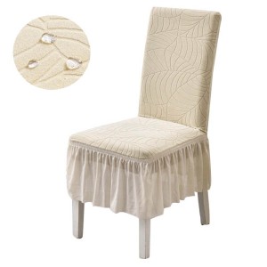 Żakardowy pokrowiec na krzesło z falbaną - LIŚCIE - Beżowy