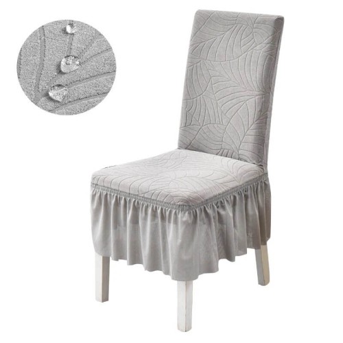Żakardowy pokrowiec na krzesło z falbaną - LIŚCIE - Jasnoszary.jpeg