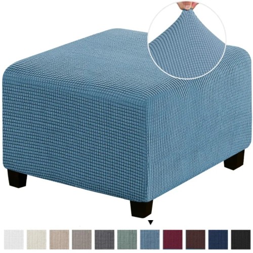 Pokrowiec na podnóżek pufę  kwadratowy - żakardowy - kratka - Denim.jpeg