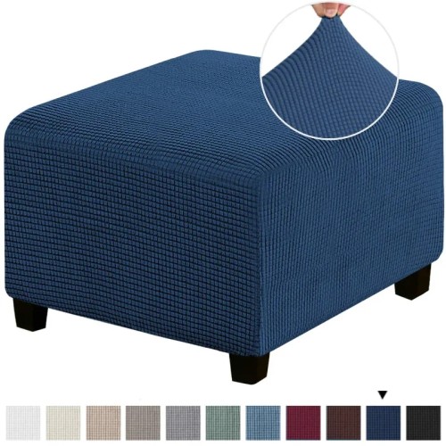 Pokrowiec na podnóżek pufę  kwadratowy - żakardowy - kratka - Navy Blue.jpeg