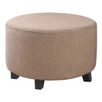 Żakardowy pokrowiec na okrągłą pufę podnóżek - kratka - Beżowy.jpeg