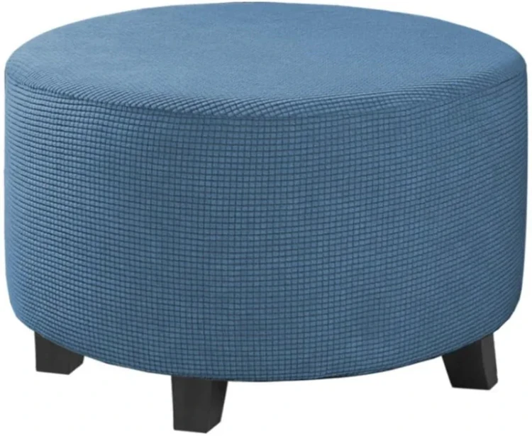 Żakardowy pokrowiec na okrągłą pufę podnóżek - kratka - Denim.jpeg