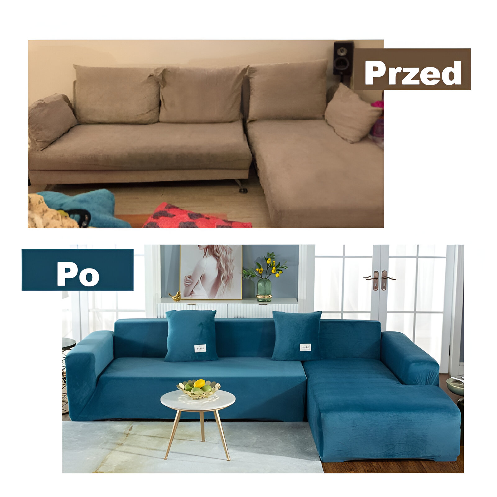 Przed i po założeniu pokrowca na narożnik