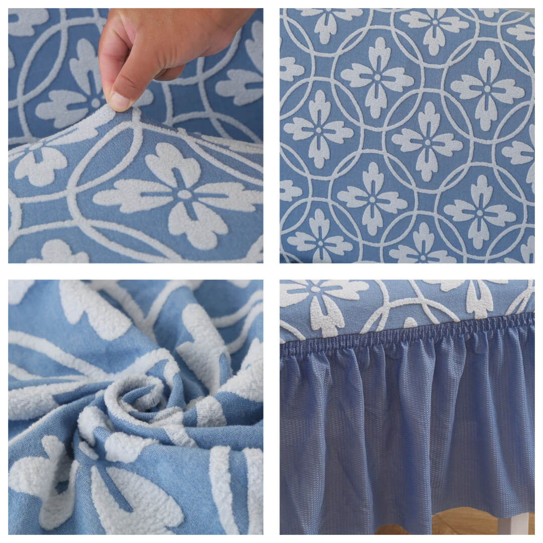 Żakardowy pokrowiec na krzesło z falbaną - detale