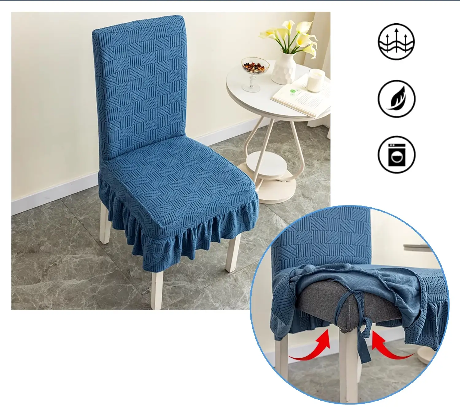 Żakardowy pokrowiec na krzesło z falbaną - detale