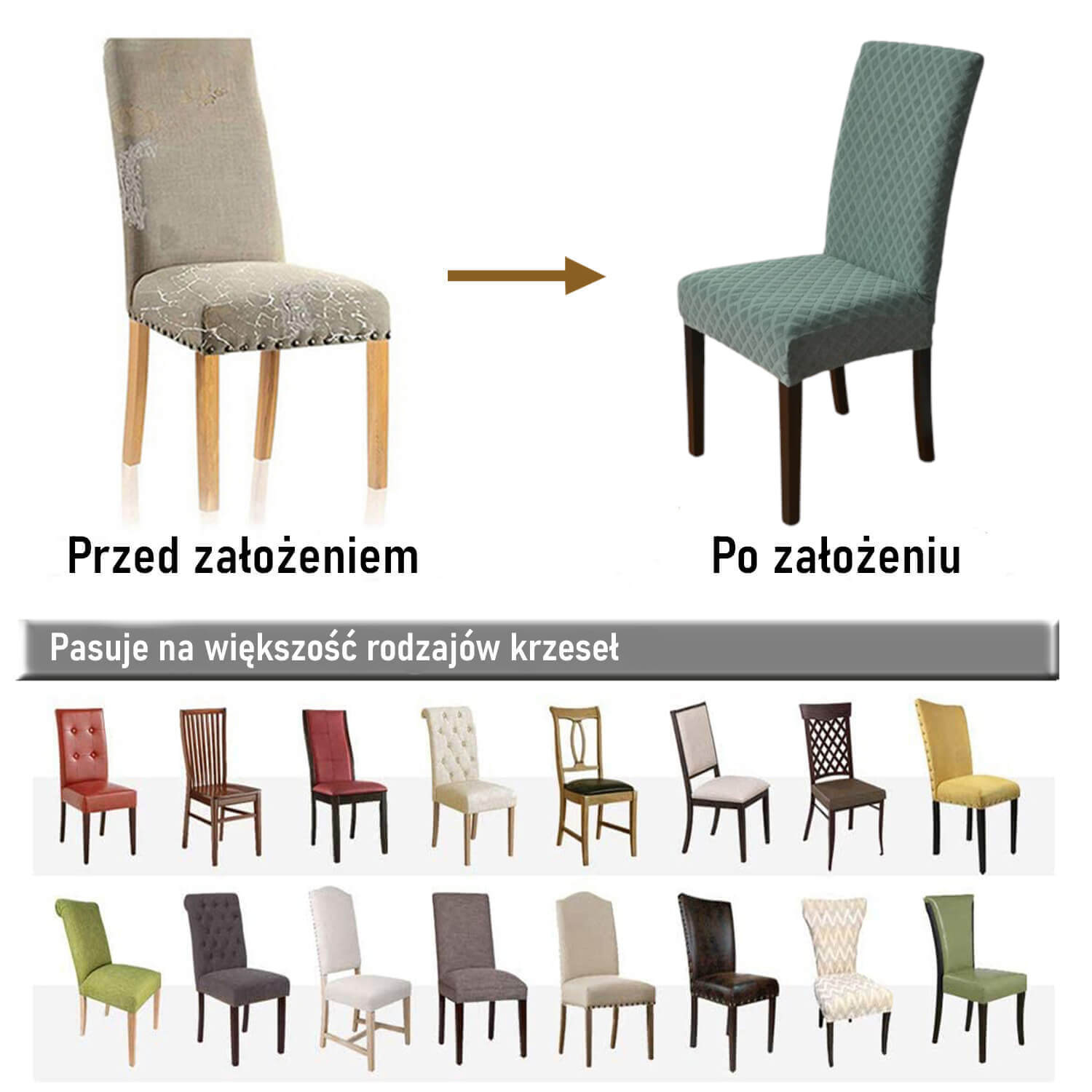 Żakardowy pokrowiec na krzesło XL - przed i po założeniu