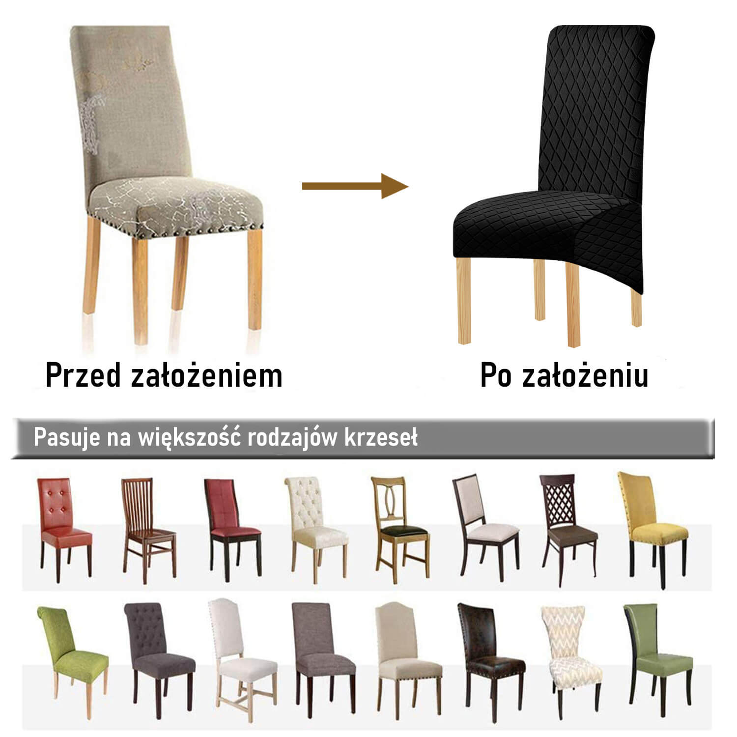Żakardowy pokrowiec na krzesło XL - przed i po założeniu