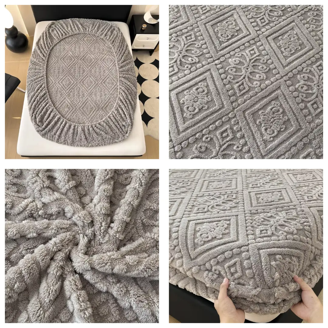 Detale szarego pluszowego pokrowca na materac