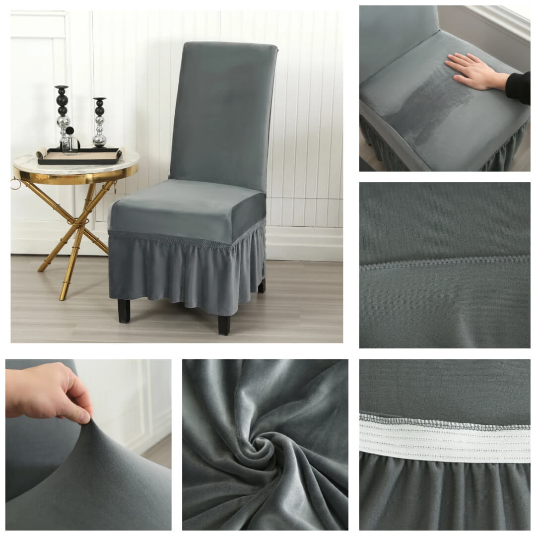 Aksamitny pokrowiec na krzesło z falbaną - detale