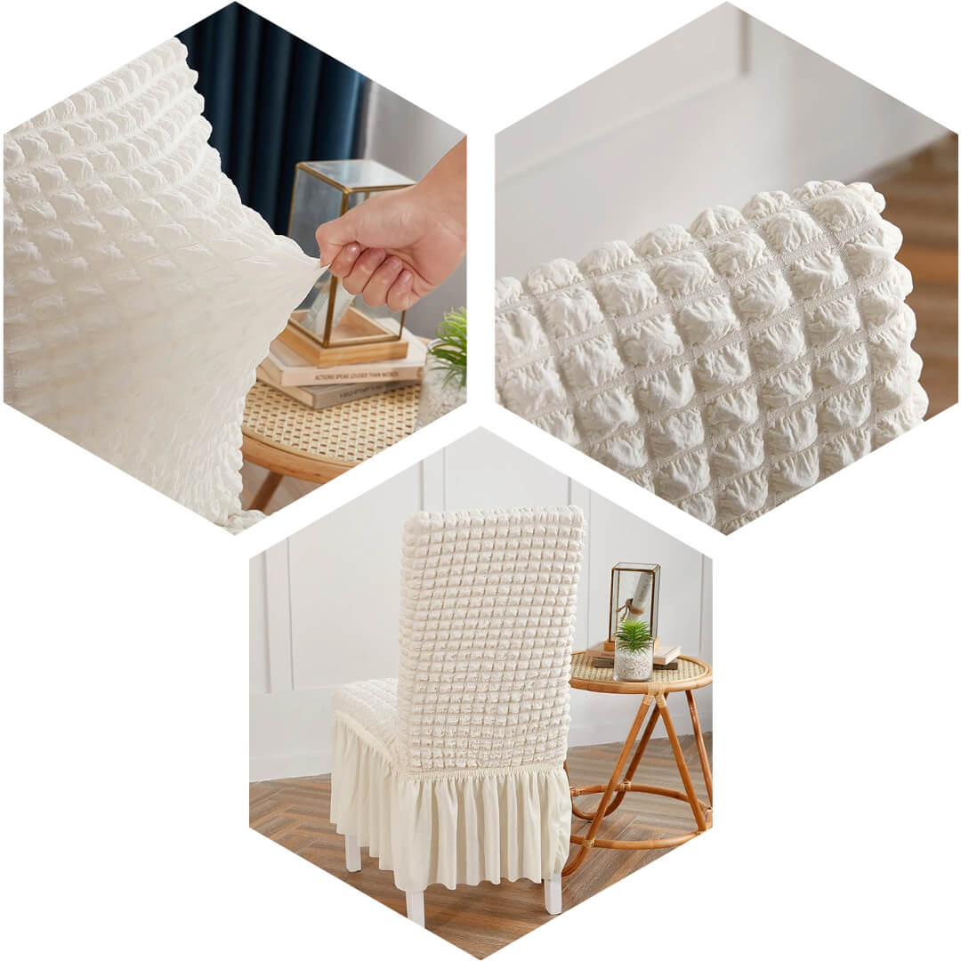 Żakardowy pokrowiec na krzesło z falbaną - kolory - motyw bubble