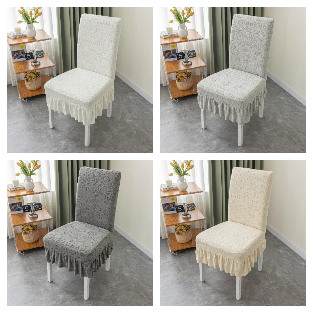 Żakardowy pokrowiec na krzesło z falbaną - kolory - motyw enigmatico