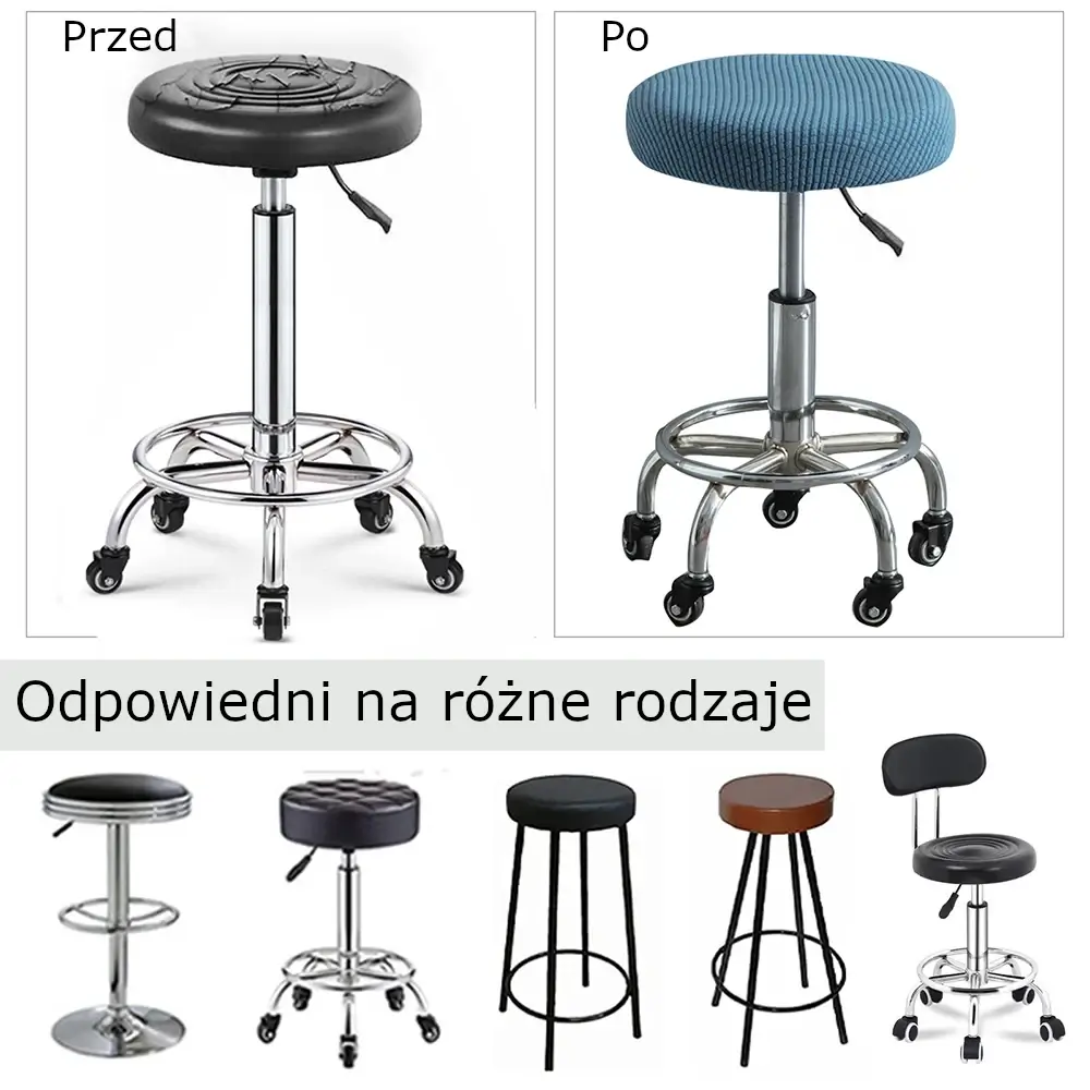 Żakardowy pokrowiec na taboret - stołek okrągły - przed i po założeniu pokrowca