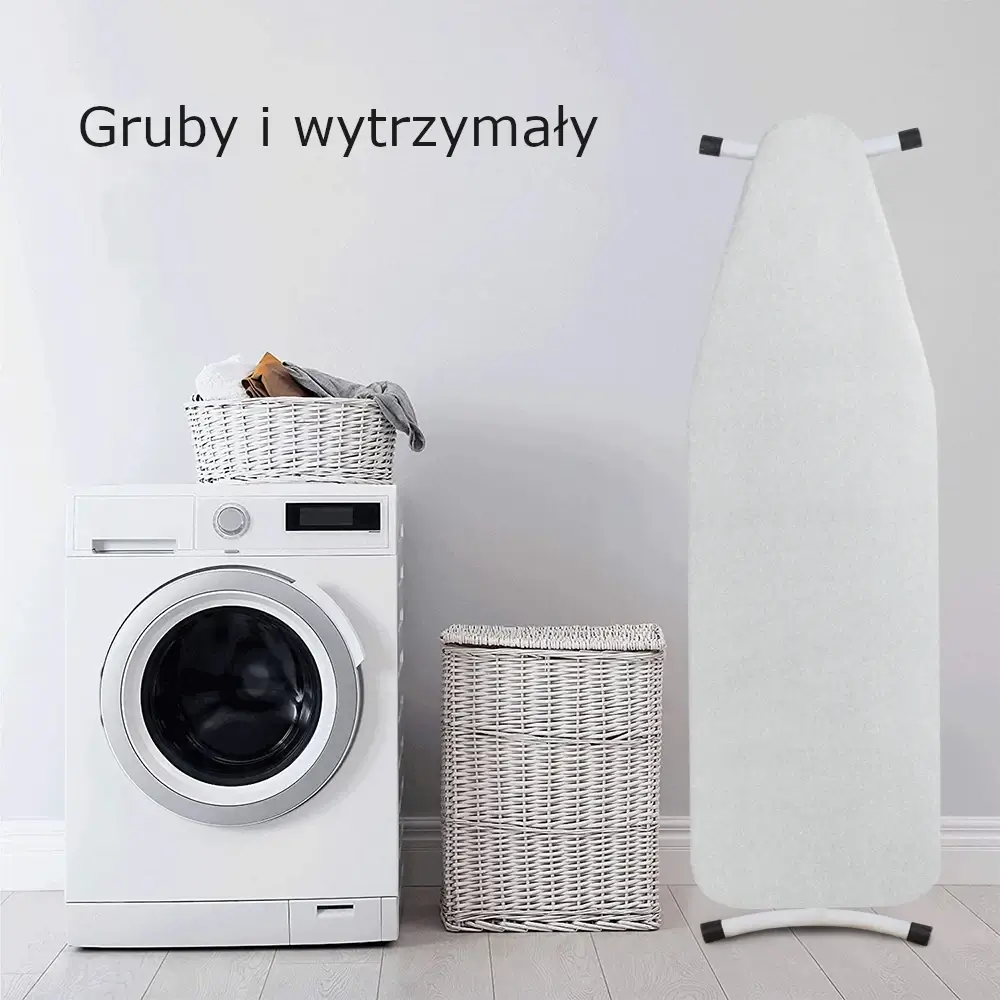 Pralka, kosz na pranie oraz deska do prasowania z pokrowcem w kolorze szarym