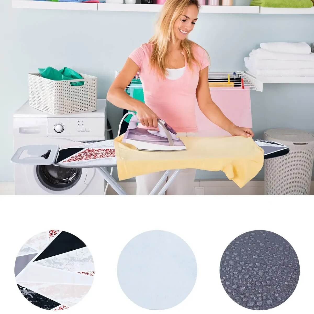 Kobieta prasująca na desce do prasowania z pokrowcem